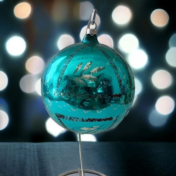 Mercury Glass Ball Ornament Blue West Germany LARGE Handblown 925 Silver Glitter - Picture 14 of 14